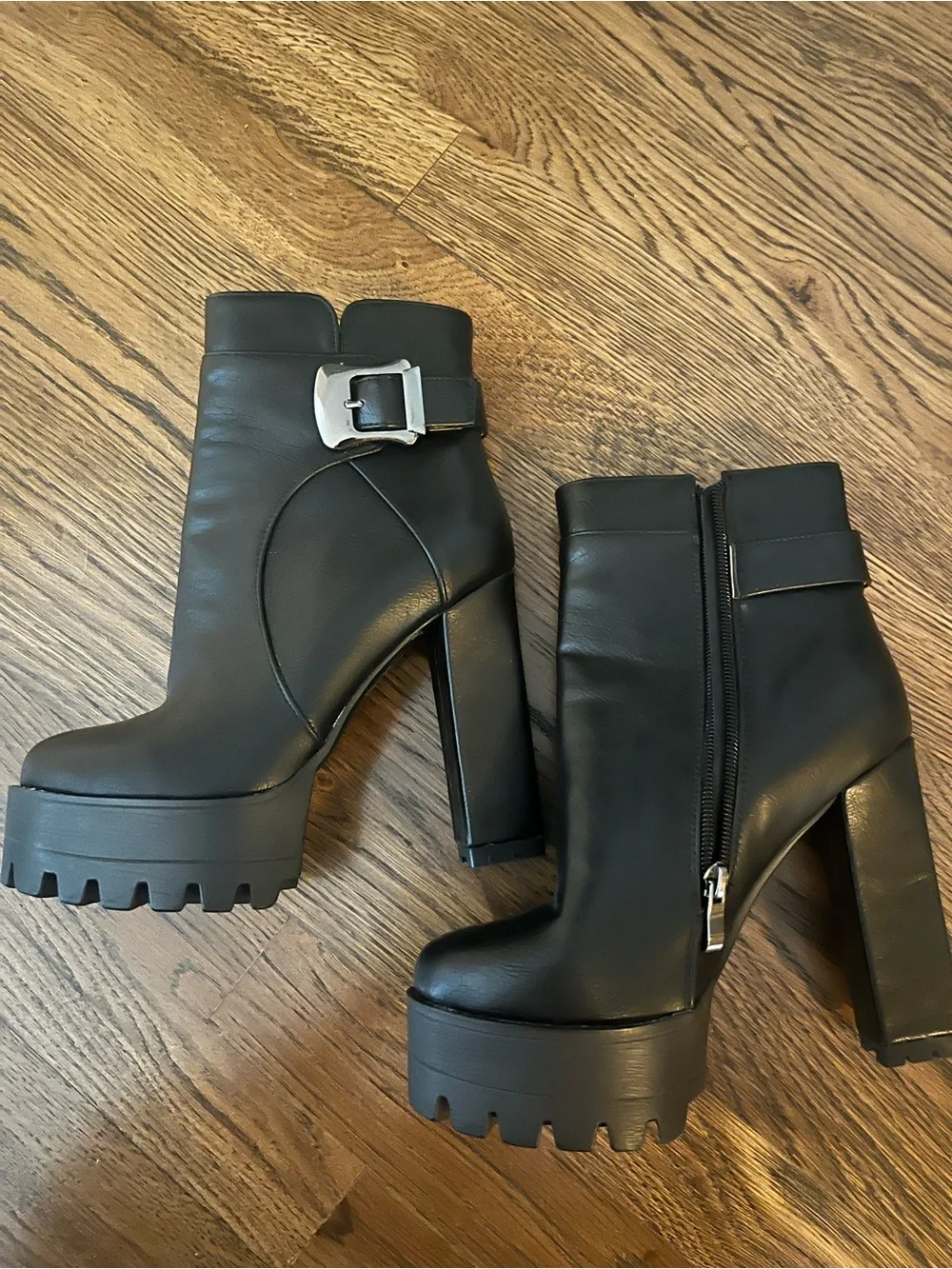 Black Platform Ankle Boots with Buckle Accent. Unbranded. Vegan leather. NWOT.